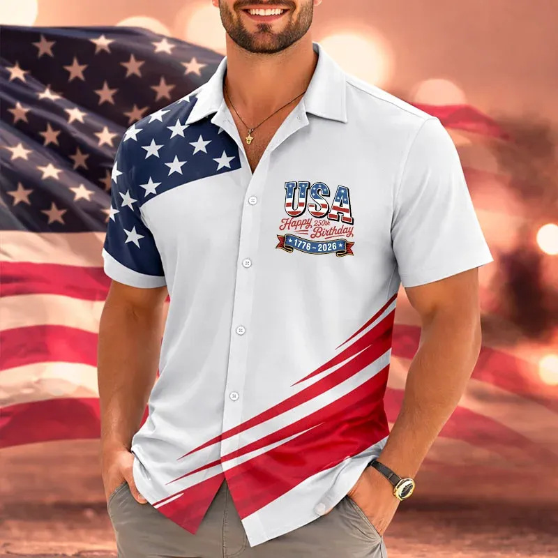 2026 Cross-Border Independent Website European and American Men's Clothing Cuban Collar Fashion Casual Versatile Patriotic Short-Sleeved Shirt 2026 Cross-Border Independent Website European and American Men's Clothing Cuban Collar Fashion Casual Versatile Patriotic Short-Sleeved Shirt
