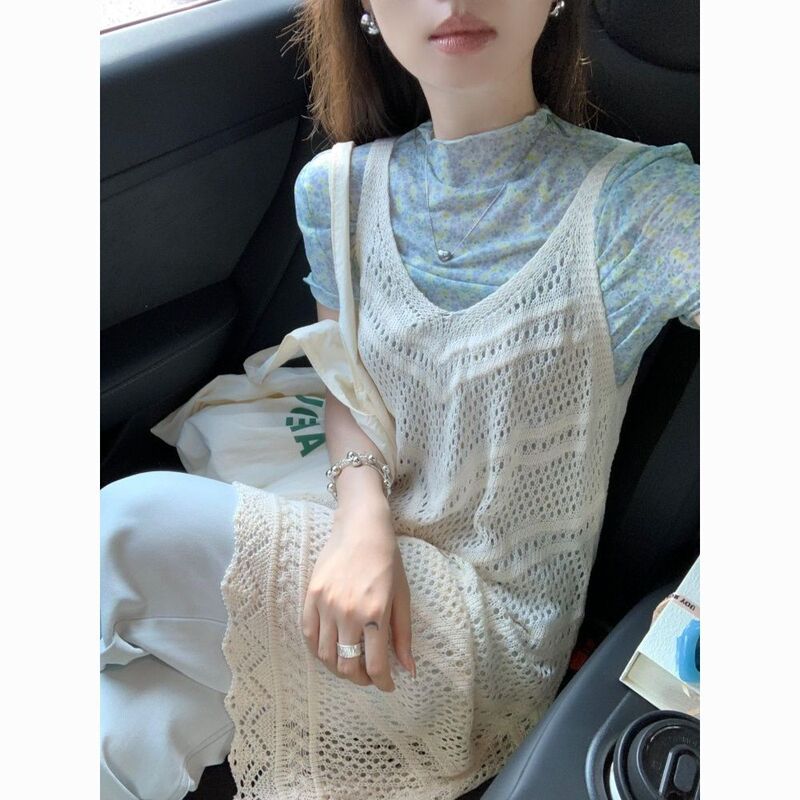 Korean-style Ice Silk Knitted V-neck Hollow-out Sling dress Women's Short Mid-length Stacked Sunscreen Blouse Top