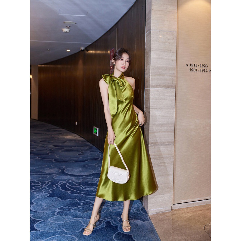 Triacetate Satin Ribbon Halter Neck Dress 26 New Socialite French Elegant Slim Acetate Long Dress Gown