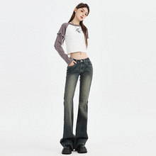 2023秋冬新款复古高街做旧水洗低腰抓皱微喇牛仔裤女JEANS WOMEN