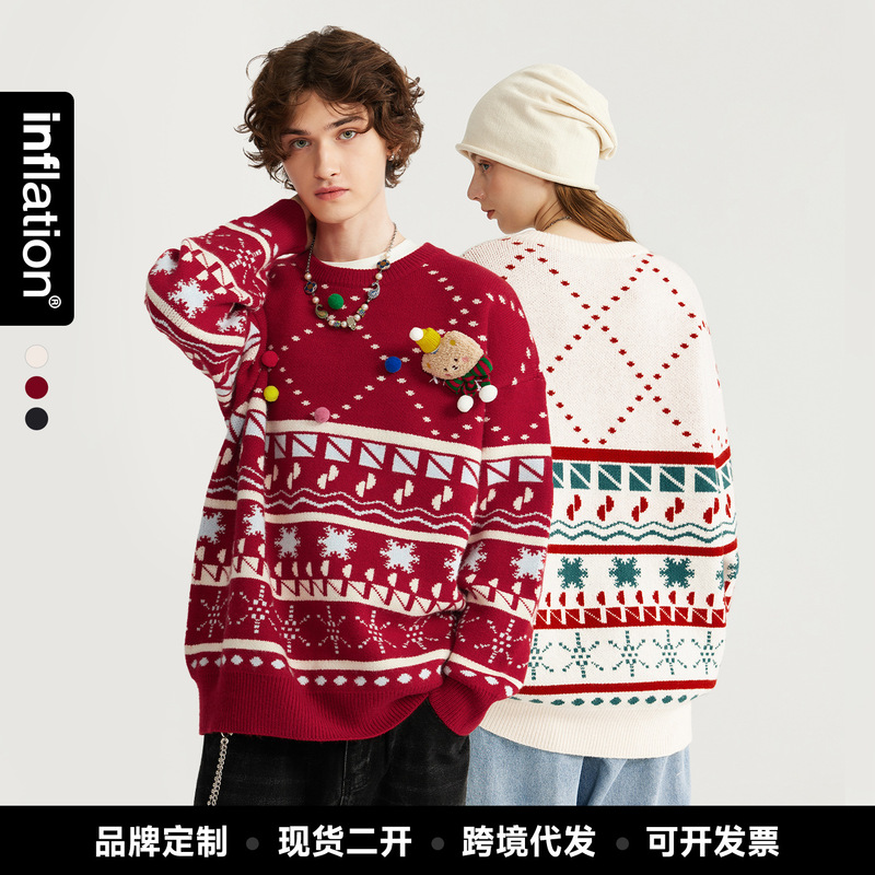 Jie Zhan Men's Clothing | Arctic Velvet Christmas Doll Pullover Sweater Loose Casual Knitwear Festive Atmosphere Couple