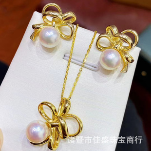 S925 Silver Bow Necklace Earrings Set 7-8mm Natural Freshwater Pearl Round Strong Light Jewelry Sweet