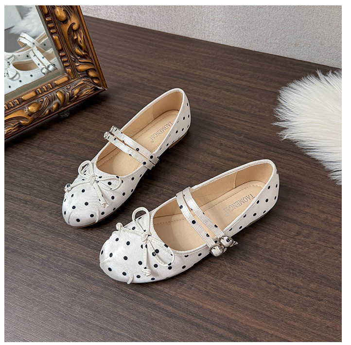 Giày búp bê Mary Jane nữ mũi tròn chất liệu satin chấm bi thắt nơ, đế bằng gót thấp — Màu hồng, Màu trắng, màu đen chi tiết 28