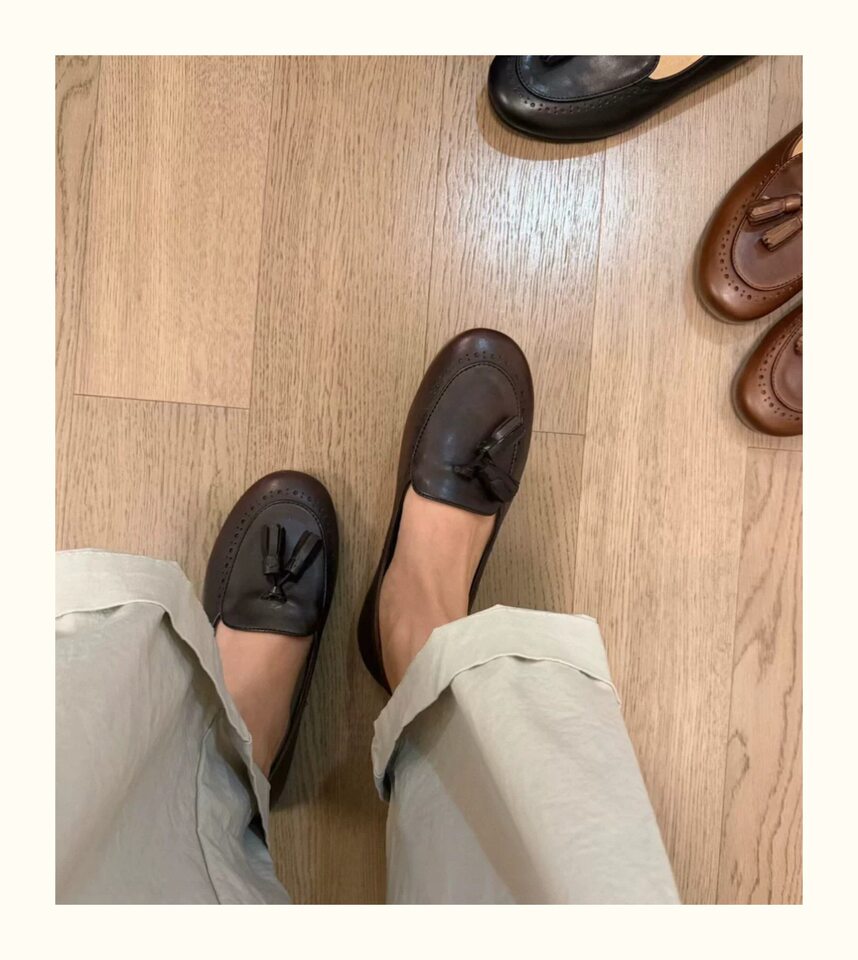 Giày lười nữ da bò mũi tròn tua rua cổ thấp đế bệt — Màu nâu, Màu nâu cà phê, màu đen chi tiết 11