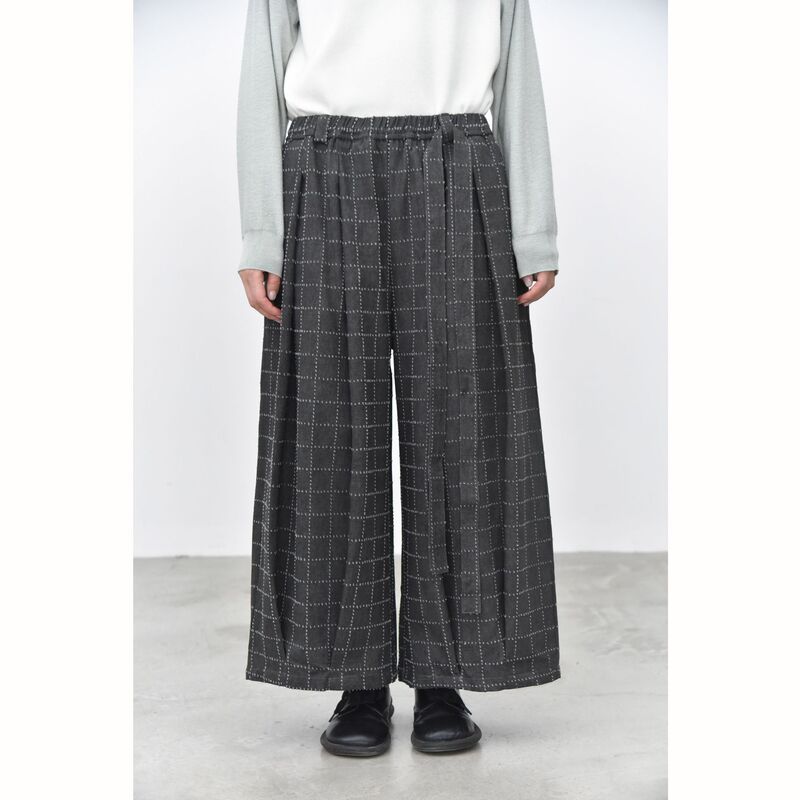 [Three and Two Collection] Belted, textured fabric, plaid pattern, three-dimensional pleated silhouette, structured wide-leg casual pants 28195 #