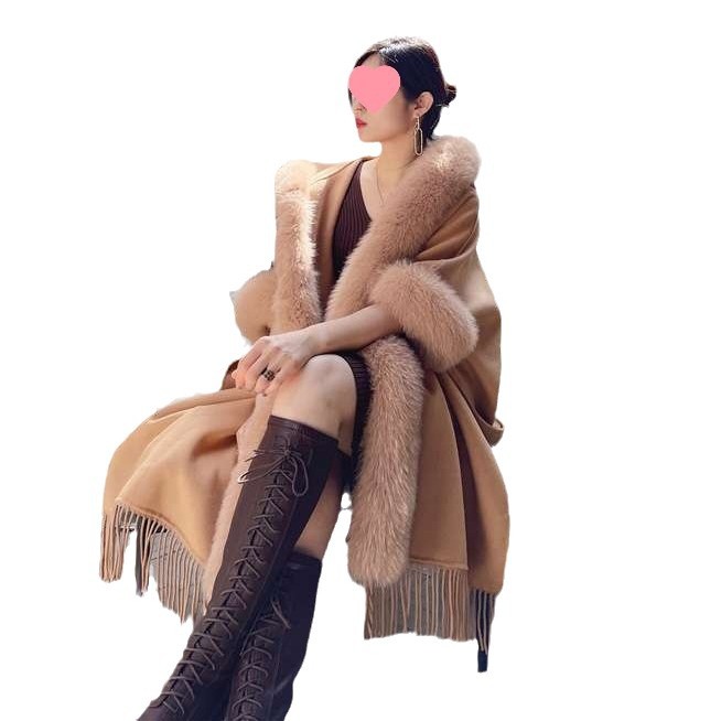 청삼 중장 모직 외투로 프린지 목도리 여자 흰목도리 판초코트 여자 가을 · 겨울 기모 두껍게