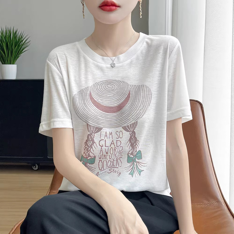 2026 Summer New Style Lyocell Tencel Round Neck Printed Knitted Short-Sleeved Women's Thin Loose Versatile T-Shirt Top