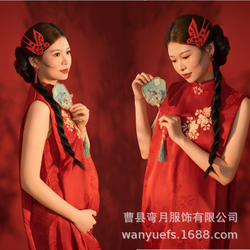 Photo Studio New Chinese Style National Style Pregnant Women Photography Clothing Red Vintage Embroidered Cheongsam Pregnant Mother Photo Portrait dress