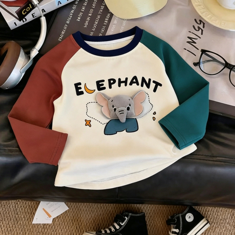 Cute 3D Flying Elephant Print Children's Long-Sleeved T-Shirt, Autumn Korean Style, Stylish and Versatile Round Neck Baby Top