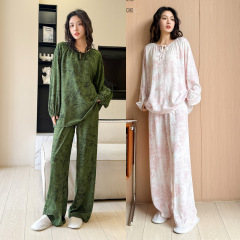 2025新型綿の家の服の丸首のスーツの長袖のズボンの大きいサイズのレトロでゆったりしている春夏の薄いタイプの綿のパジャマ