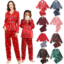 欧美新年亲子睡衣套装仿真丝春秋全家装圣诞节新款家居服两件套冬