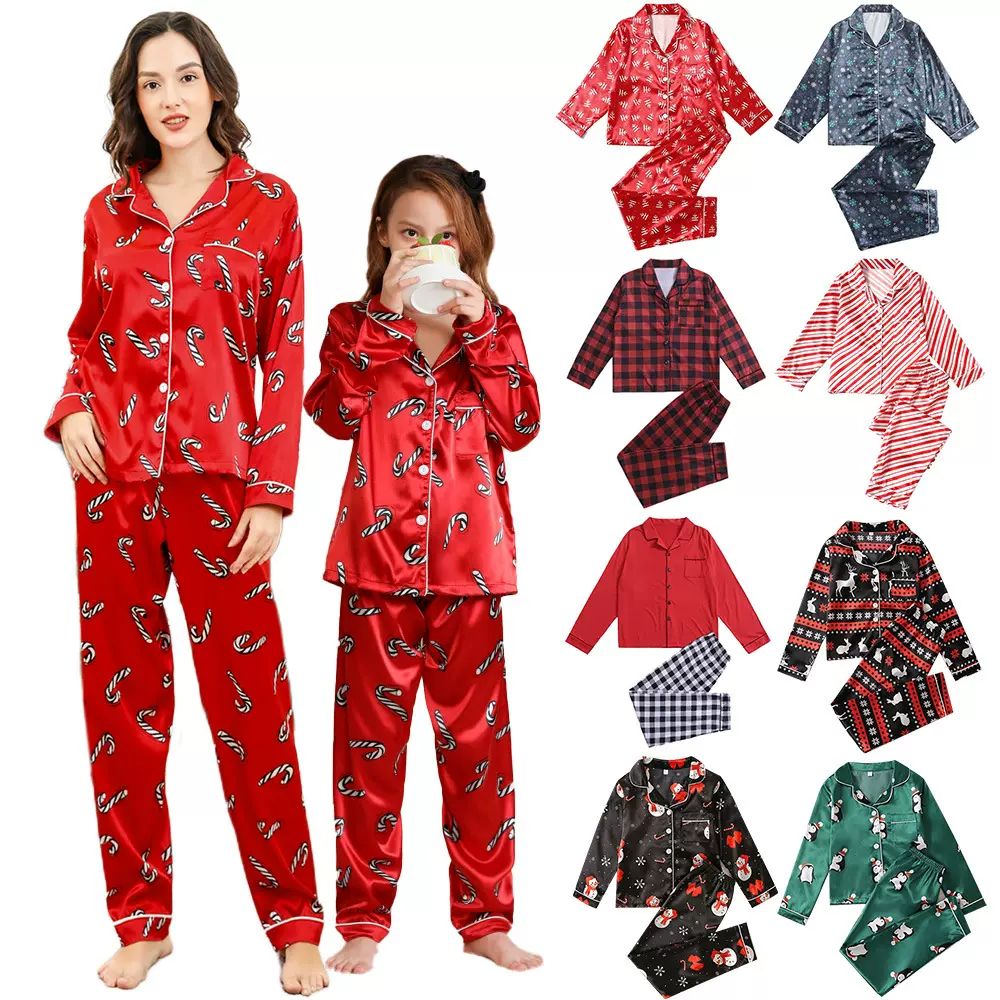 欧美新年亲子睡衣套装仿真丝春秋全家装圣诞节新款家居服两件套冬
