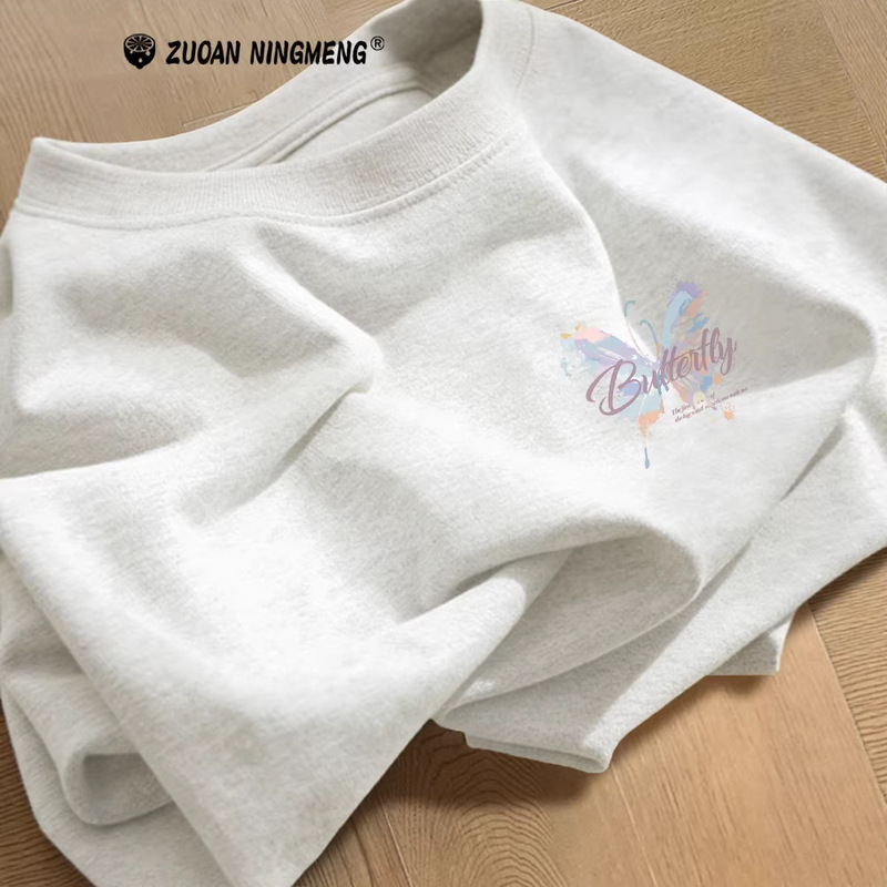 White and Gray Pure Cotton Short-Sleeved Women's T-Shirt 2026 New Popular Summer Butterfly Print Top Loose Half-Sleeved T-Shirt White and Gray Pure Cotton Short-Sleeved Women's T-Shirt 2026 New Popular Summer Butterfly Print Top Loose Half-Sleeved T-Shirt