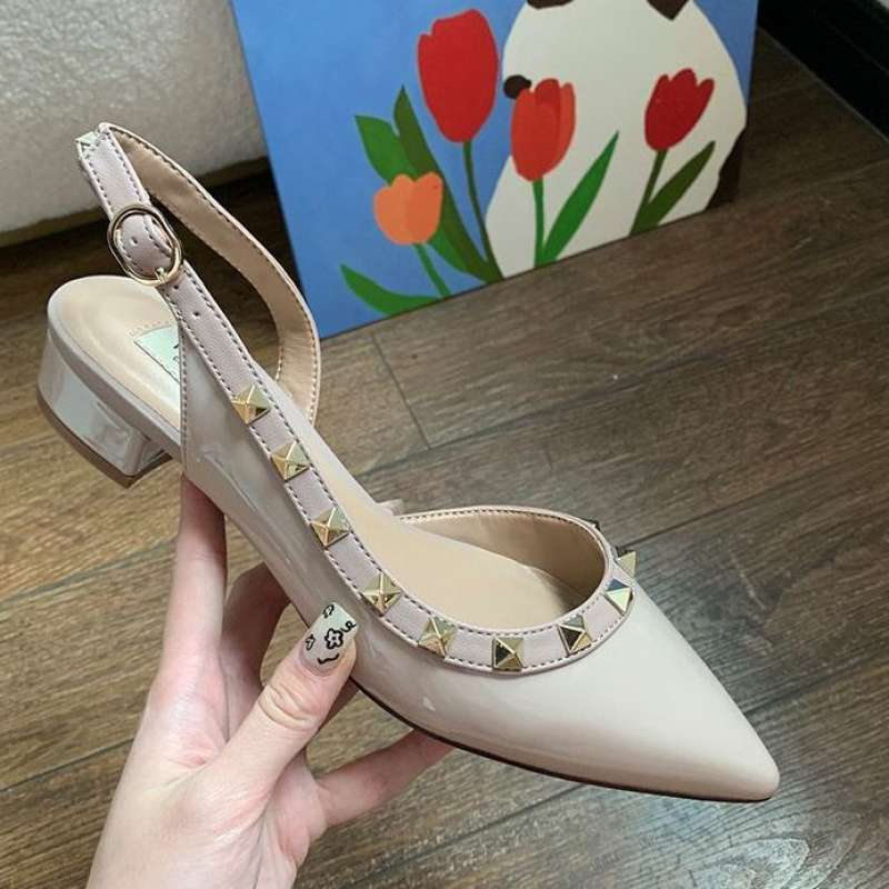 Rivet High Heels for Women 2025 Summer New Pointed Toe Thick Heel Flats with One Strap Outer Wear Side Hollow Sandals for Women