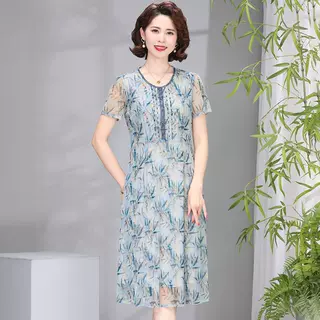 中老年女装裙子大码新款连衣裙春夏印花网纱修身短袖妈妈装中长裙