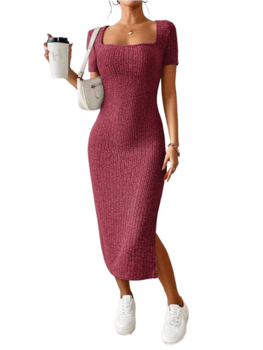 2024 European and American foreign trade women's clothing summer French square neck, side split bag, hip skirt, knitted, short-sleeved, slim dress