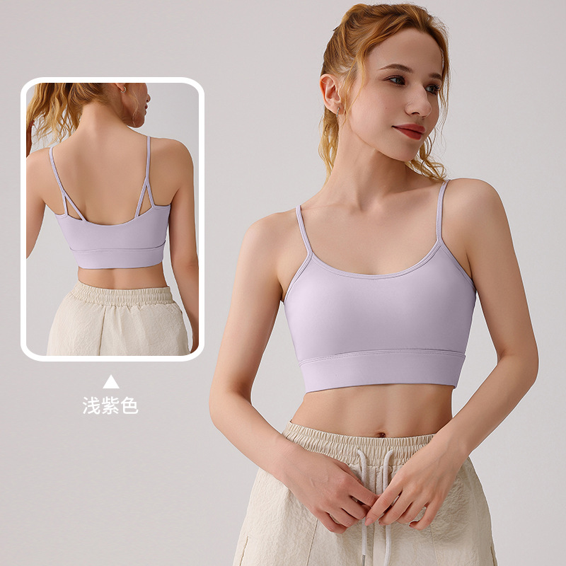 Nueva ropa interior deportiva integrada correa de hombro delgada fija taza antichoque se reúne delgada secado rápido hermoso sostén de yoga de verano