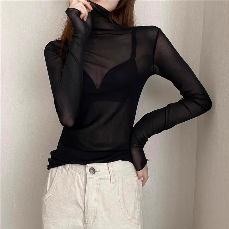 Women's Lace Base Shirt with High Neck with Wood-ear Edge with Long Sleeve Autumn and Winter Stylike Stacked Chiffon Mesh Top