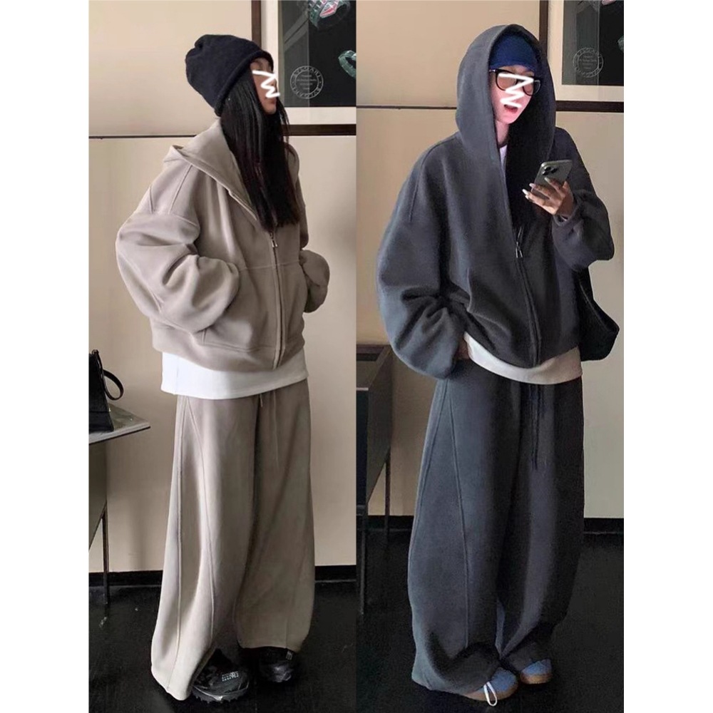 266 # Fleece-Lined Thickened Sweatshirt Sports Suit for Women, Loose Plus-Size Student Streetwear Running Outfit Two-Piece Set for Women Ins