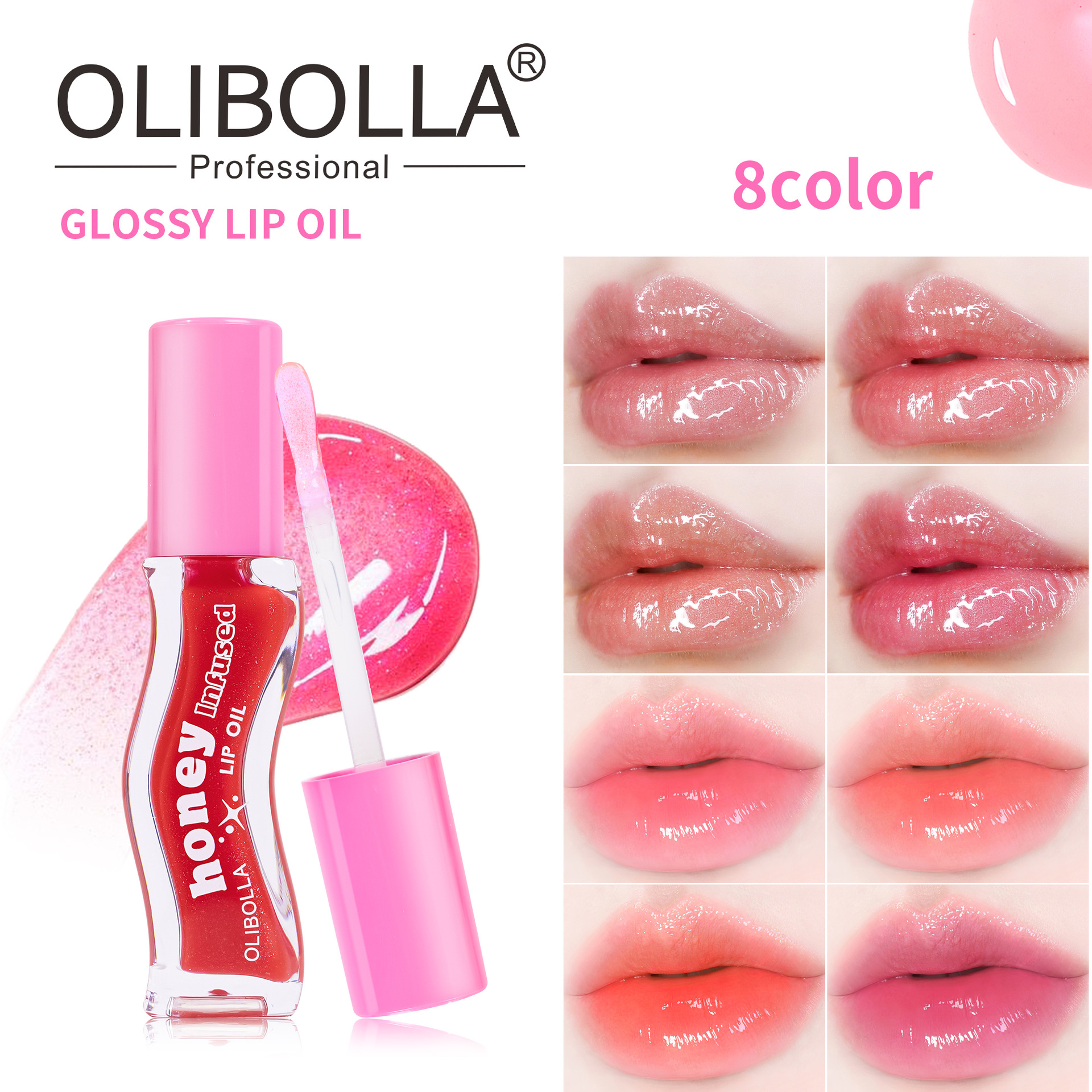 Brillo Labial de Gel con Espejo de Cristal OLIBOLLA, Aceite Labial Antiadherente, No se Desvanece Fácilmente, Brillo Labial al por Mayor, Brillo Labial Voluminizador
