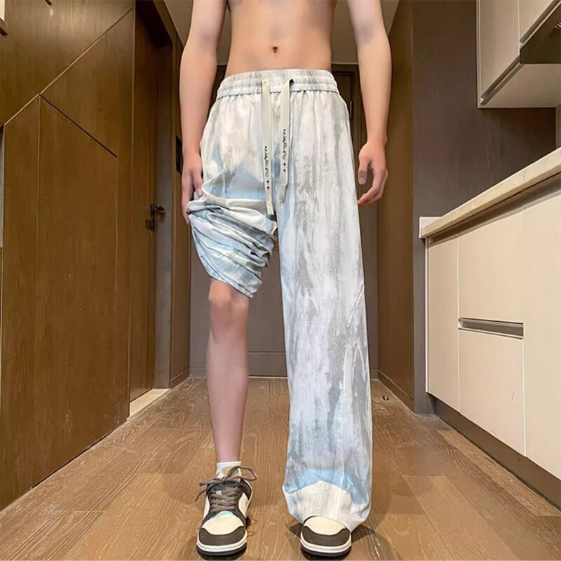 Versatile Black Tie-Dye Ice Silk Cool Wide-Leg Pants for Men, American Retro Style, Drapey and Stylish Straight-Leg Pants for Spring and Summer Versatile Black Tie-Dye Ice Silk Cool Wide-Leg Pants for Men, American Retro Style, Drapey and Stylish Straight-Leg Pants for Spring and Summer
