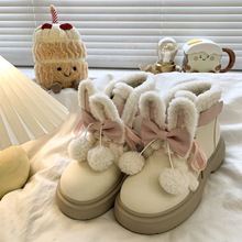 甜美蝴蝶结毛球马丁靴女2025新款冬季加绒保暖棉鞋厚底防水雪地靴