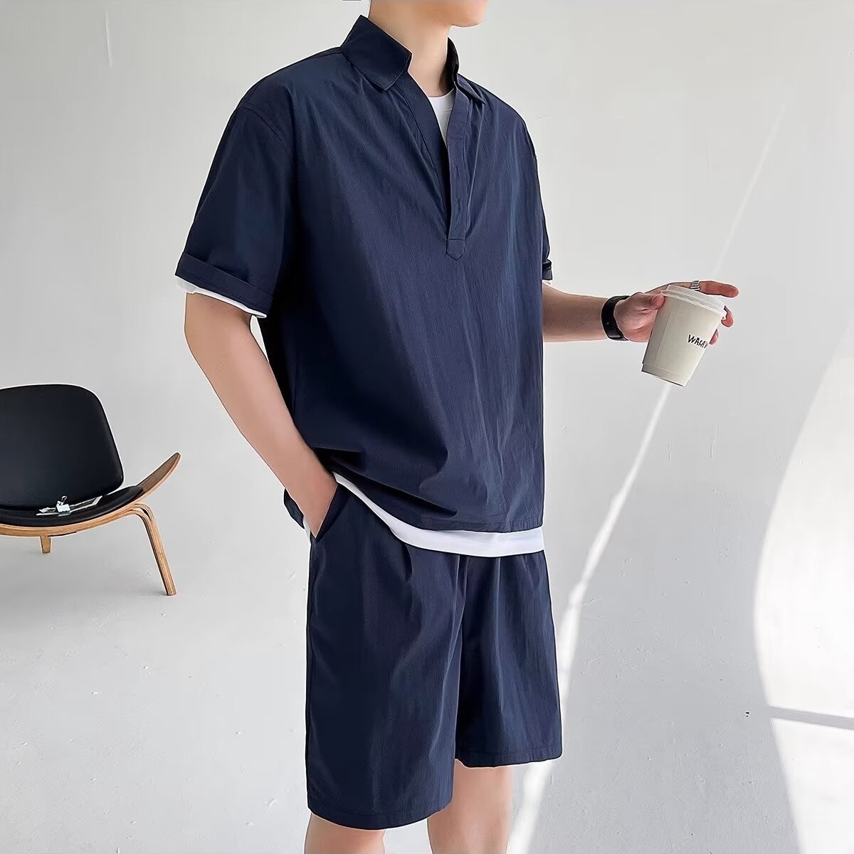 Origen Fabricante Traje deportivo de ocio Camisa de polo de dos piezas de secado rápido de seda de hielo de cinco puntos de manga delgada de verano de manga corta para hombre