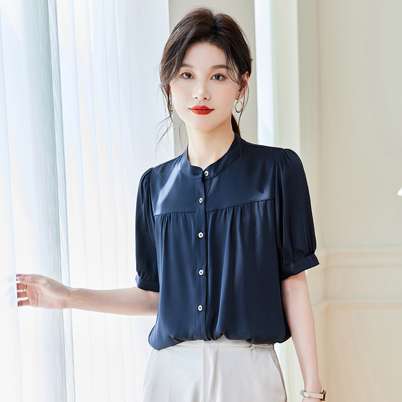 Silk summer thin shirt with a round collar