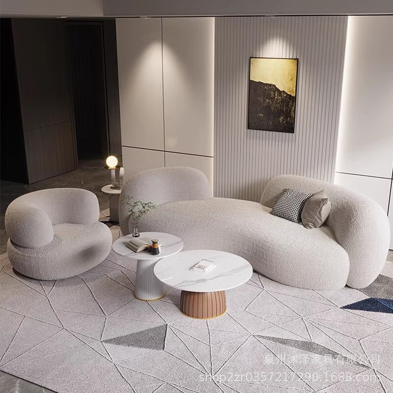 轻奢羊羔绒布艺弧形沙发茶几简约现代客厅服装店美容院网红沙发|undefined