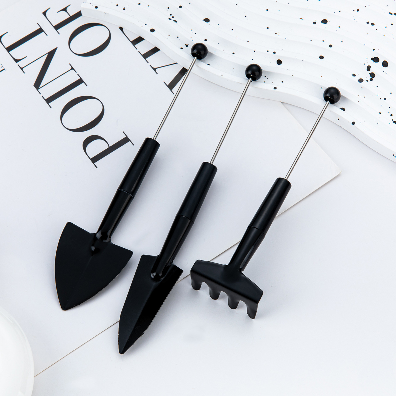 DIY cuentas herramientas de jardinería set de tres piezas rastrillo flor plantación de flores carnosas pequeñas herramientas de pala pequeña pala maceta