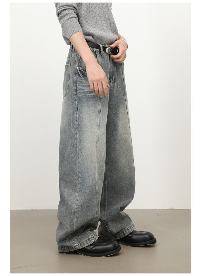Quần jean nam ống rộng lưng giữa, dáng suông thẳng, denim mềm phong cách retro — màu xanh chi tiết 10