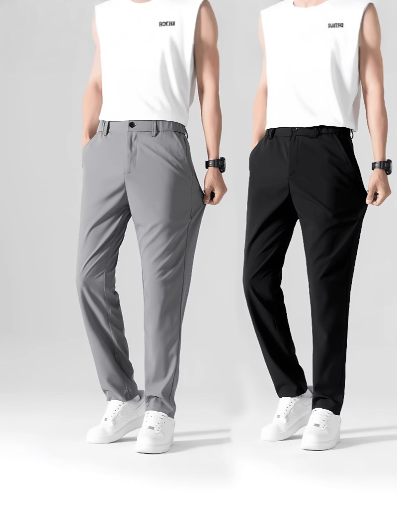 Spandex Summer Ice Silk Men's Casual Pants Straight Loose Quick-Drying Drape Trousers Elastic Waist Business Men's Trousers Breathable
