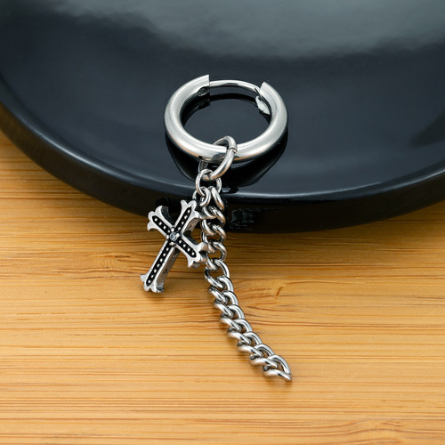Japanese and Korean new trendy men's cross chain earrings stainless steel earrings hip-hop personality long tassel earrings