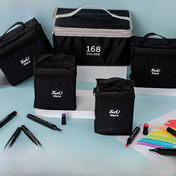 Touch 24-Color, 48-Color, 80-Color, 168-Color Black Barrel Double-Ended Oil-Based Alcohol-Based Marker Set for Students with Canvas Bag