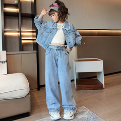 Girls' Suit Foreign Trade Denim Suit Spring and Autumn 2023 Autumn New Children's Suit Fashionable Internet Celebrity Two-piece Set