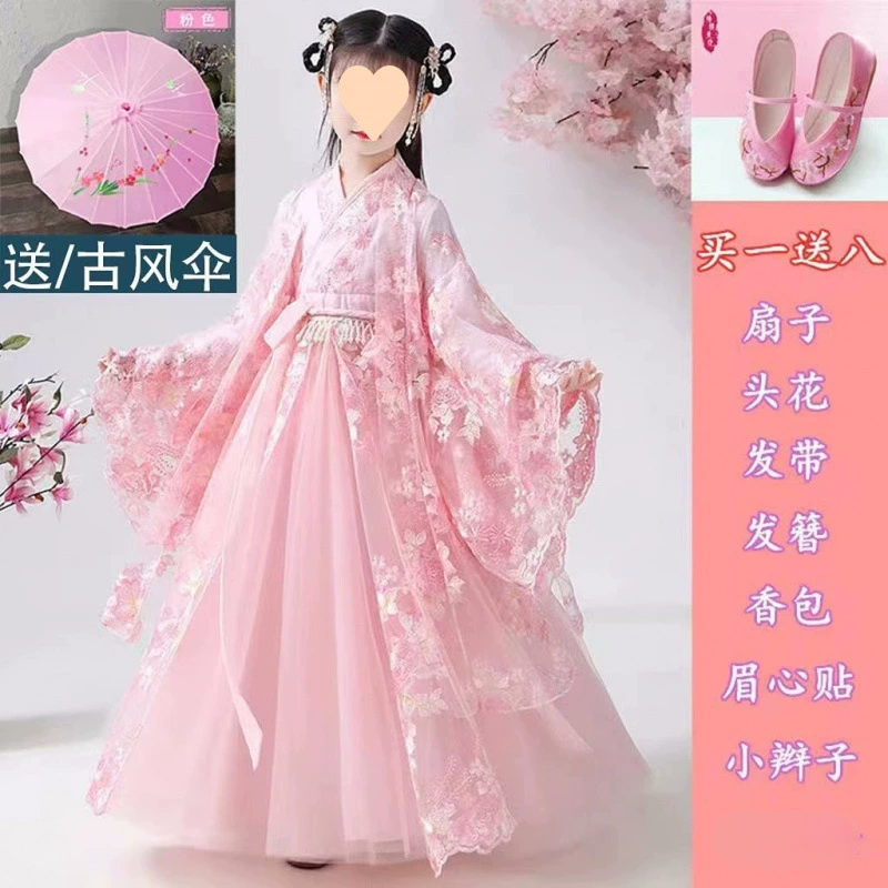 Ханфу для девочек, детский древний костюм сестры с большими рукавами, весенне-осеннее платье феи, юбка в китайском стиле, костюм принцессы феи Тан.