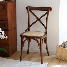 法式复古实木藤编餐椅ins美式乡村休闲北欧家用背叉咖啡厅靠背椅