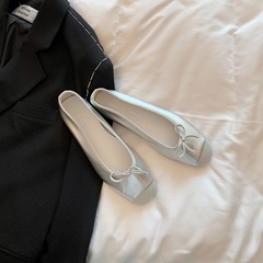 【sheii蘇茵茵】兩種高度~法式小羊皮方頭蝴蝶結粗跟芭蕾鞋女單鞋