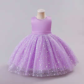 儿童礼服领口珍珠公主周岁生日蝴蝶结公主钢琴演讲女童网纱蓬蓬裙