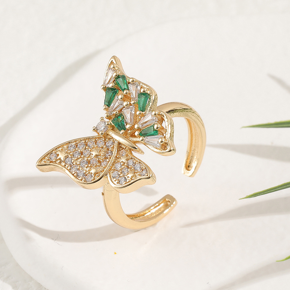 Fashion Diamond Green Zircon Summer Butterfly Open Copper Tail Ring display picture 2