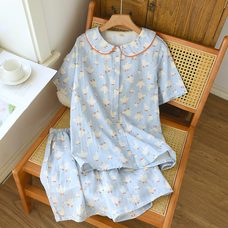 Digital Cotton Double-layer Gauze Yuanbao Collar Short-sleeved Shorts Pajamas suit Women's Summer Thin Pocket Home Clothes