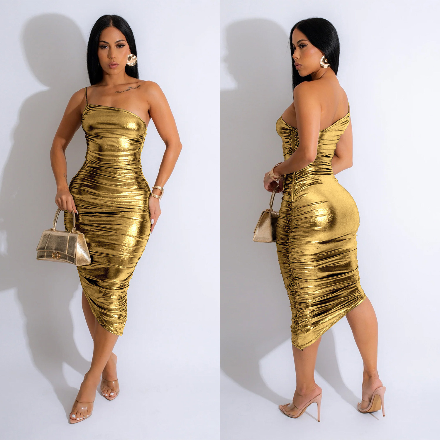 C6738 transfronteriza AliExpress Amazon moda europea y americana ropa de mujer color sólido sexy Sling cuello oblicuo vestido plisado