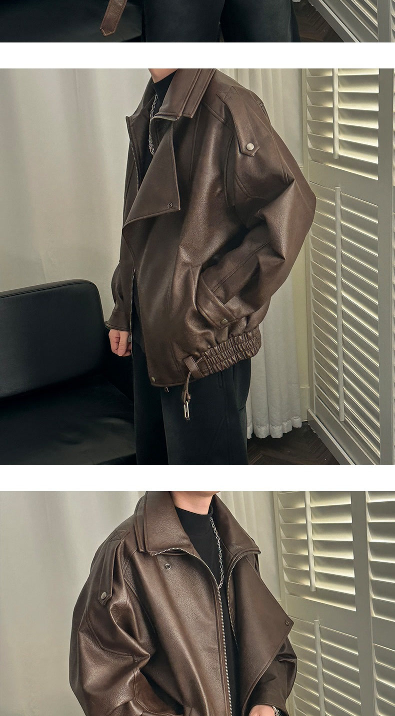 Men's Leather Jacket With Shoulder Pads And Lapel High-end Style_voghion.com