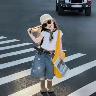 女童套装2026夏装新款女宝星星印花牛仔短裤儿童百搭T恤两件套潮