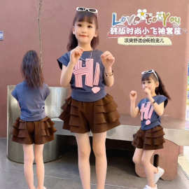 儿童女童套装夏季新款洋气韩版时尚小飞袖上衣休闲裤裙潮款两件套