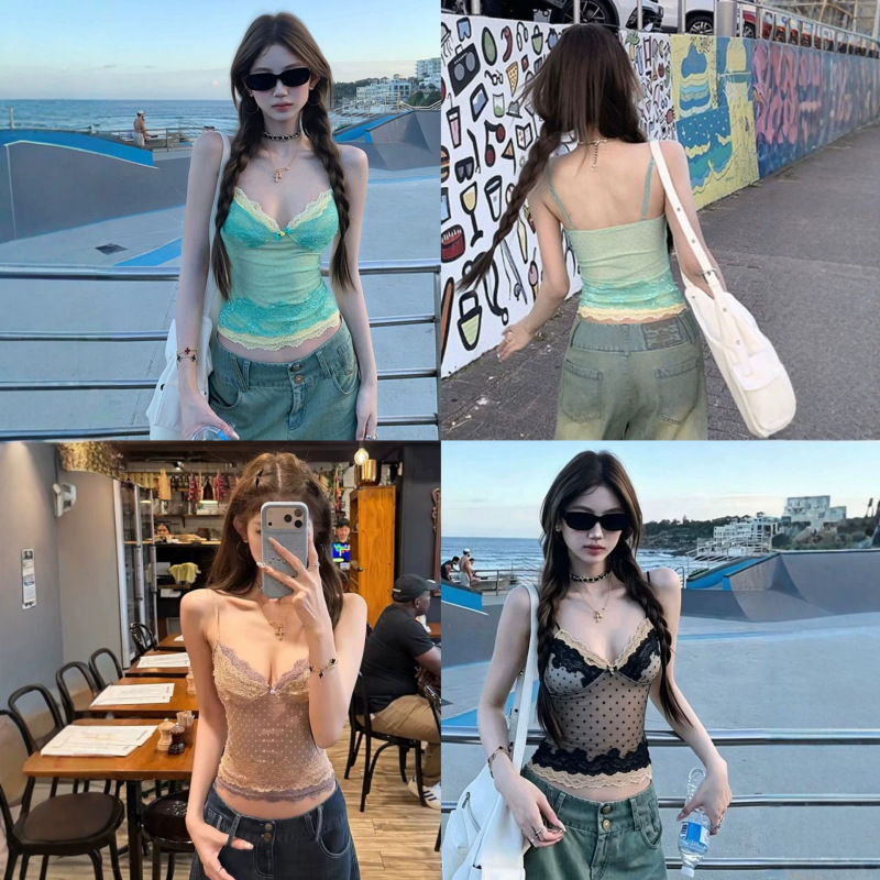 Hot Girl Style Bowknot Lace Patchwork V-Neck Camisole for Women with Chest Pads, Slim Fit, Suitable for Inner Wear or Outer Wear, Backless Top Hot Girl Style Bowknot Lace Patchwork V-Neck Camisole for Women with Chest Pads, Slim Fit, Suitable for Inner Wear or Outer Wear, Backless Top