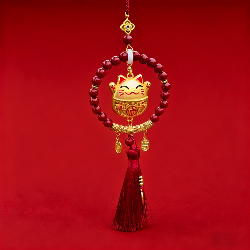 Cinnabar Car Hanging Amulet for Good Luck and Safety, New Year Red Gold-Eating Beast Lucky Cat Car Hanging Ornament Wholesale