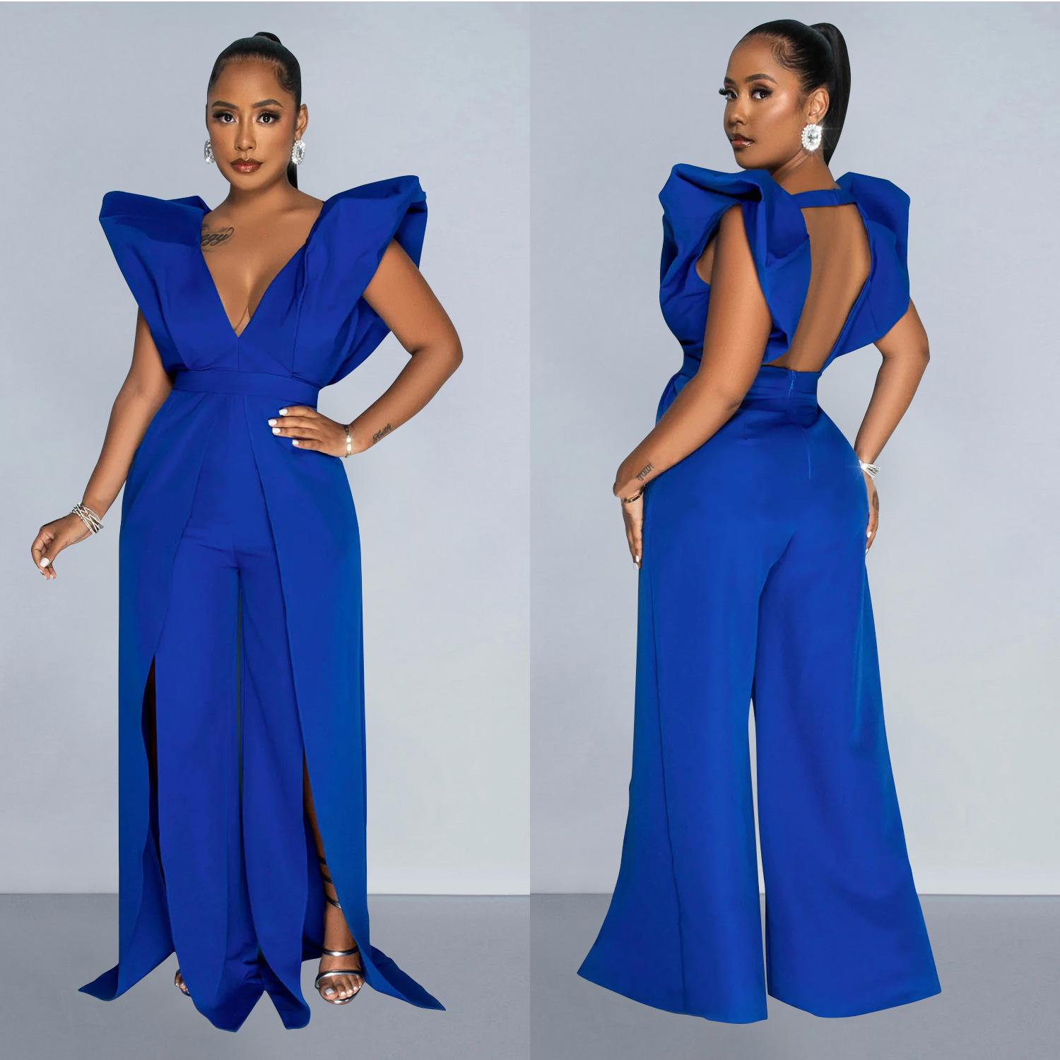C6805 transfronteriza AliExpress Amazon europeo y americano de moda de las mujeres de color sólido sexy con cuello en V pantalones plisados mono