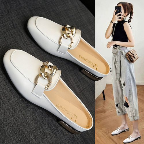 Baghouo Half Slipper Women's Korean Version 2024 New Mule Shoes for Girls, Outdoors, Flat, Fashionable, Square-toe Flat Slipper