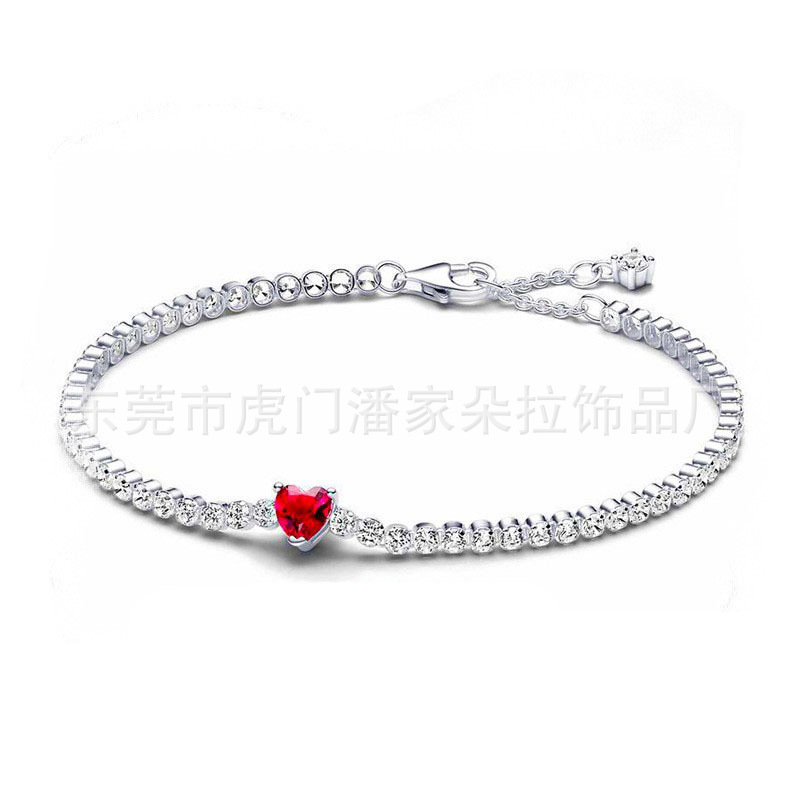 Cross-border New Panjia White Copper Plated S925 Silver Dense Chain Love Adjustable Chain Red Heart-shaped Gem Bracelet